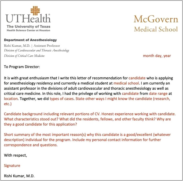 Letter Of Recommendation From Doctors For Student Template