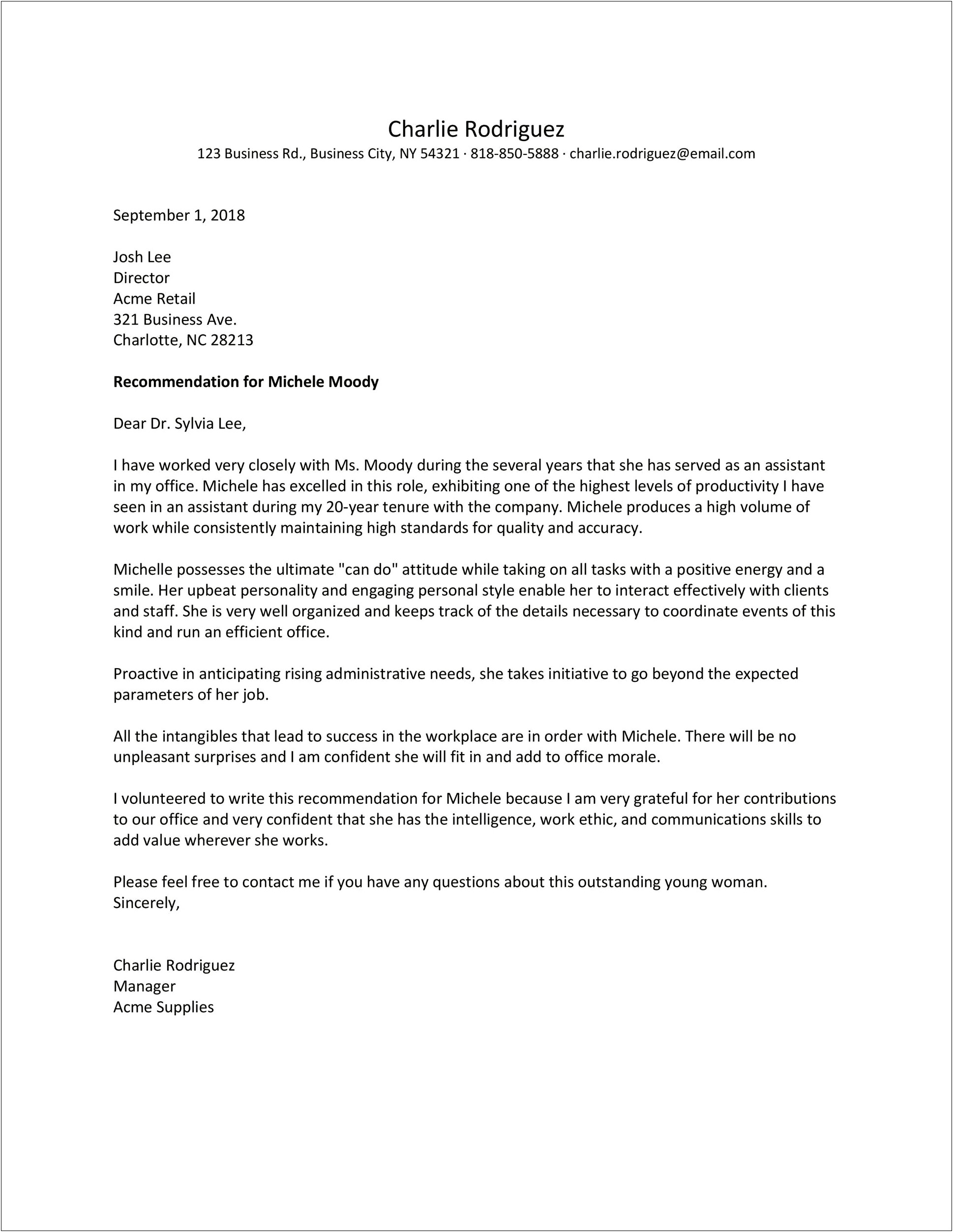 Letter Of Recommendation From Previous Employer Template