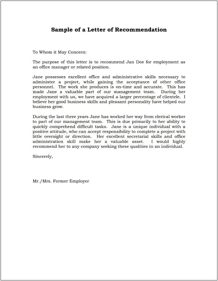 Letter Of Recommendation From Supervisor Template