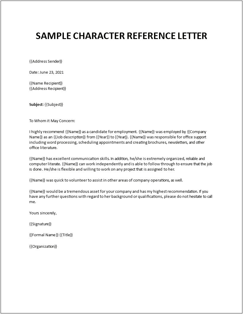 Letter Of Recommendation Good Moral Character Template