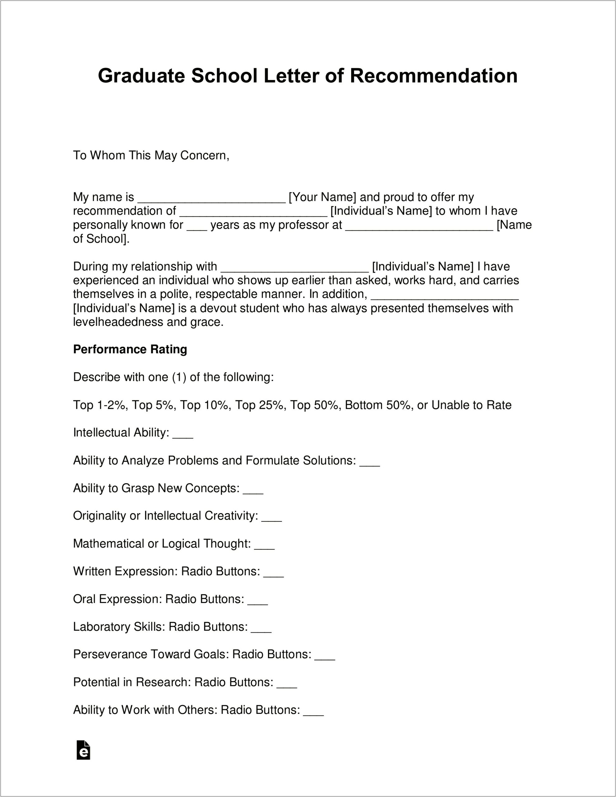 Letter Of Recommendation Grad School From Employer Template