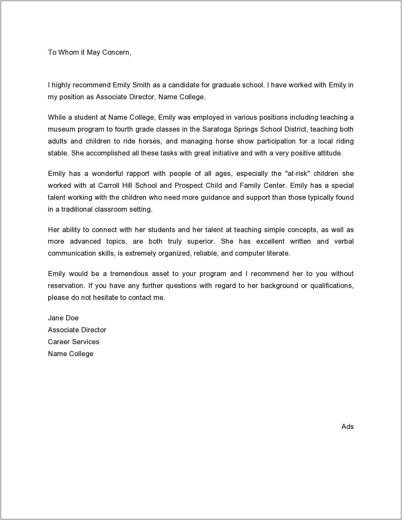 Letter Of Recommendation Graduate School Mfa Template