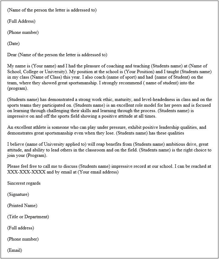 Letter Of Recommendation High School Student Template