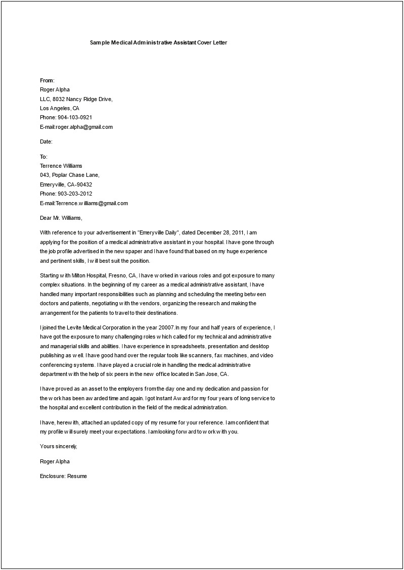 Letter Of Recommendation Medical Assistant Template Word