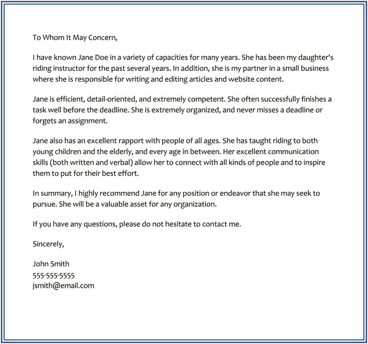 Letter Of Recommendation Of Character Template