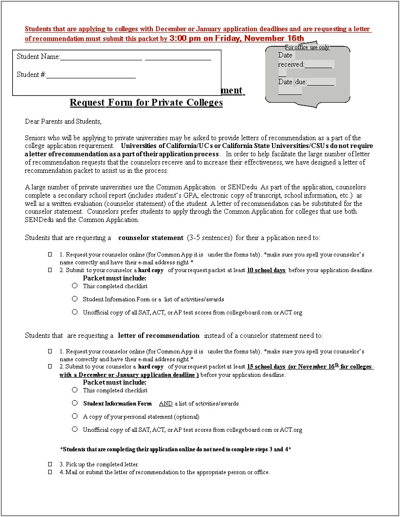 Letter Of Recommendation Request Form Template