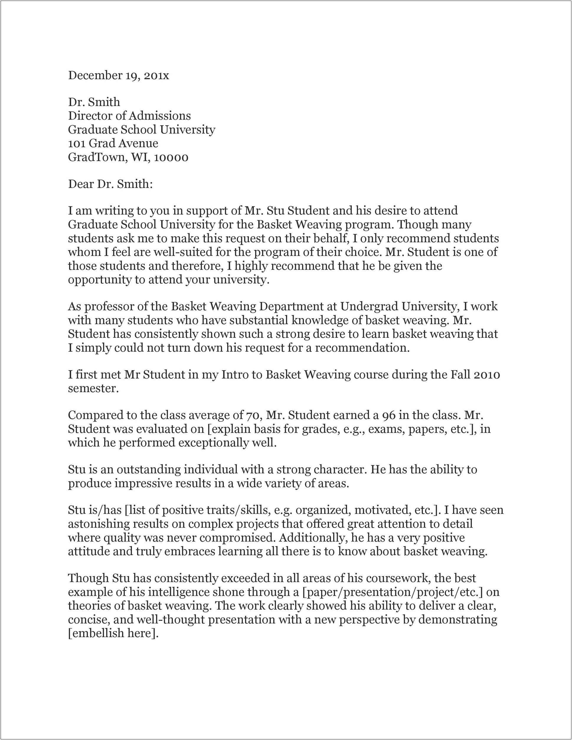 Letter Of Recommendation Request Template For Masters