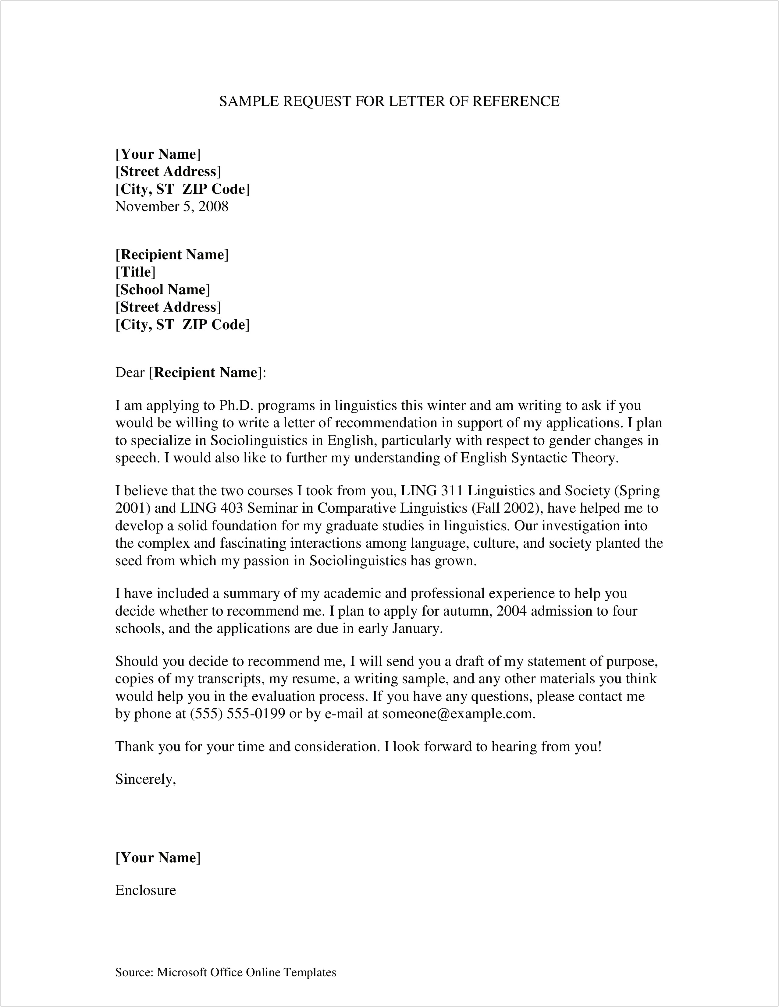 Letter Of Recommendation Request Template Grad School