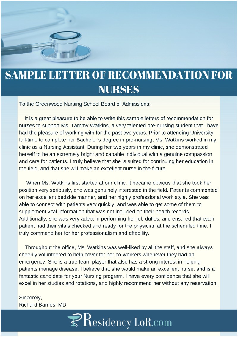 Letter Of Recommendation Samples For Nursing Student Template