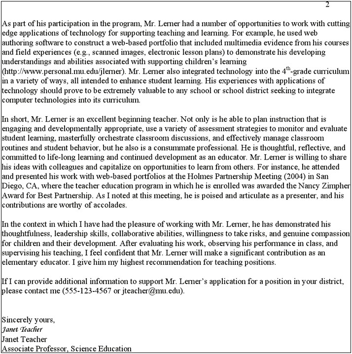 Letter Of Recommendation Teaching Position Template