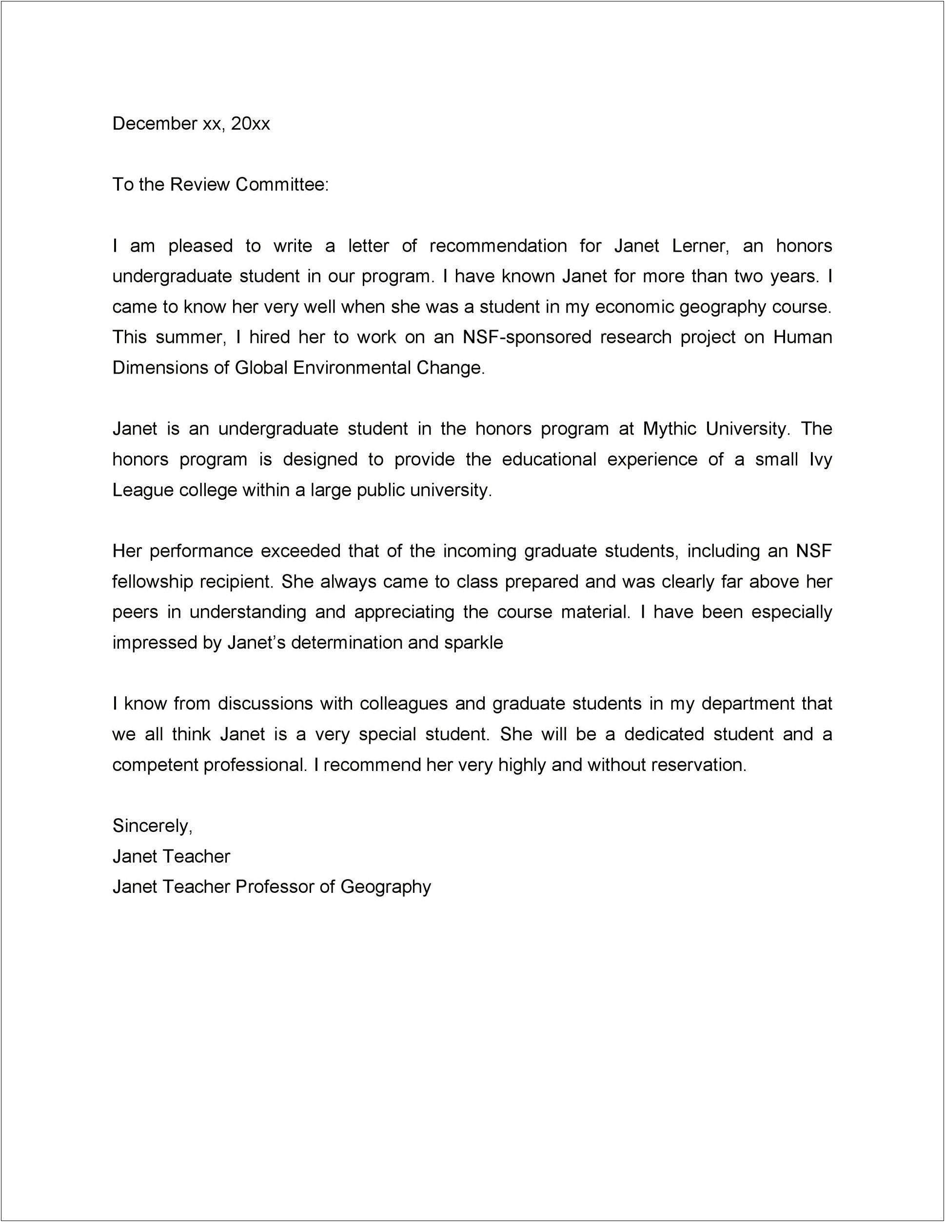 Letter Of Recommendation Template College Professor