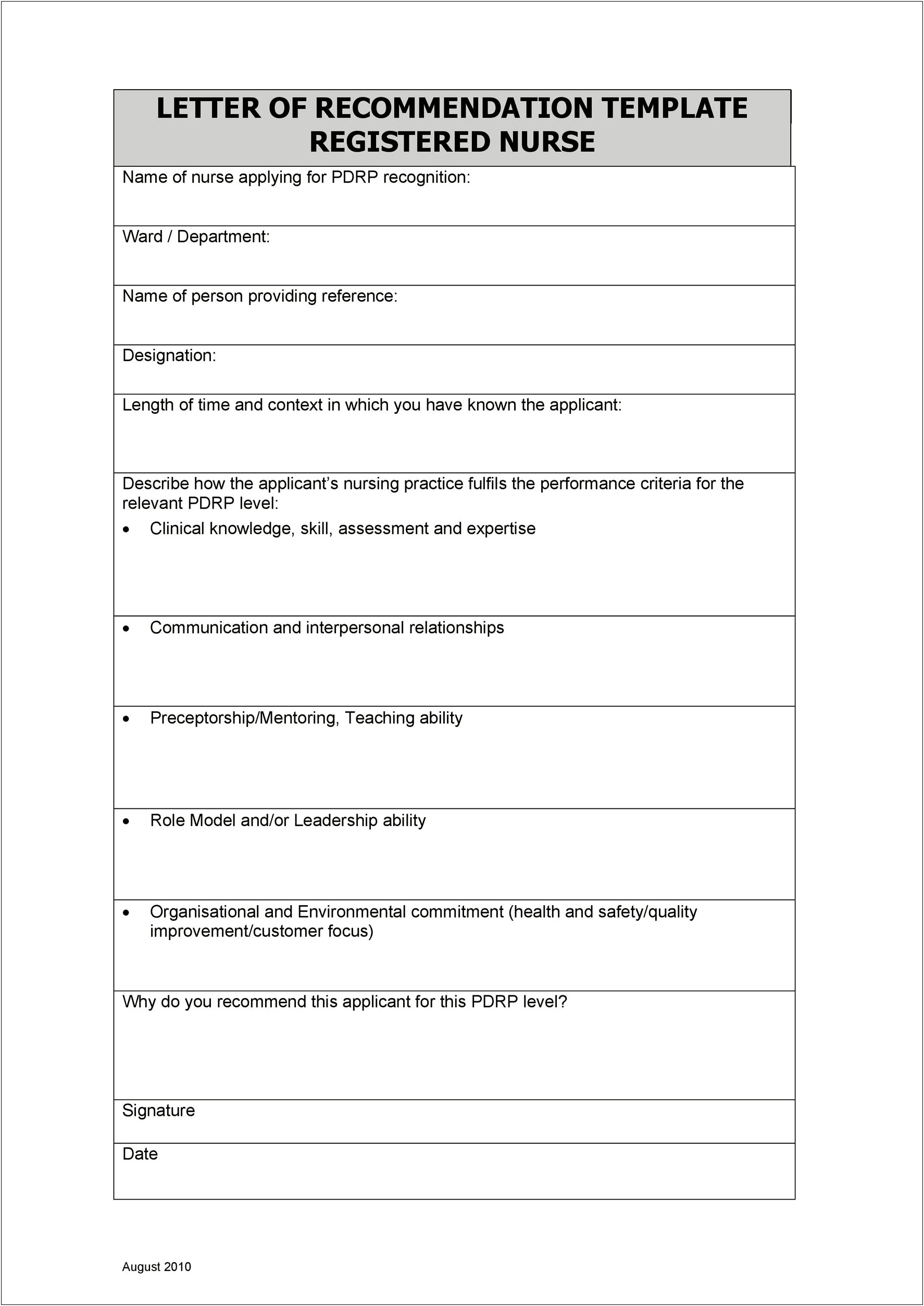 Letter Of Recommendation Template For A Nurse