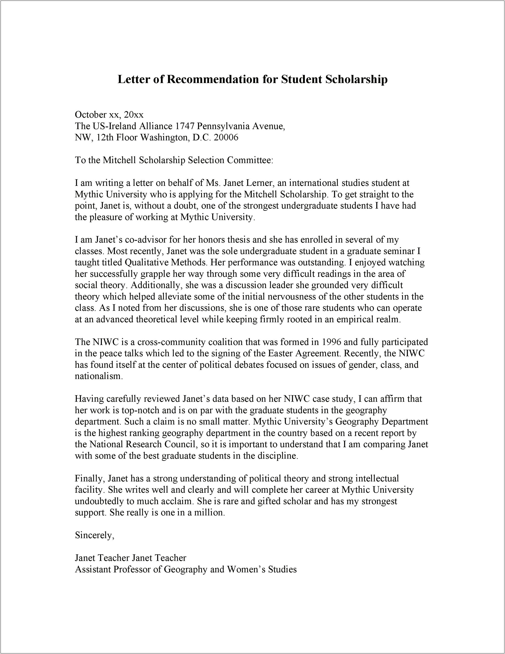 Letter Of Recommendation Template For A Teacher Support