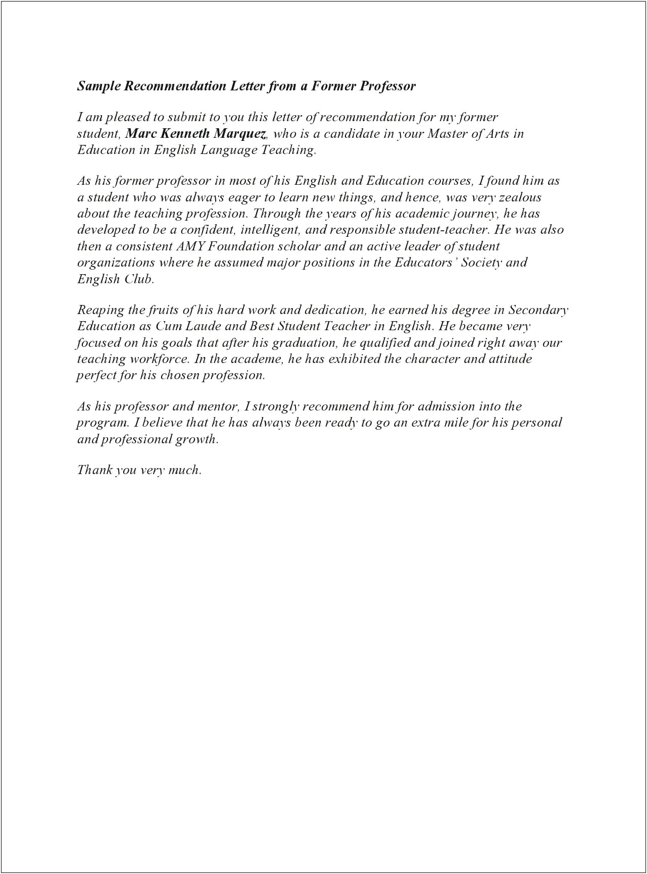 Letter Of Recommendation Template For Art Student