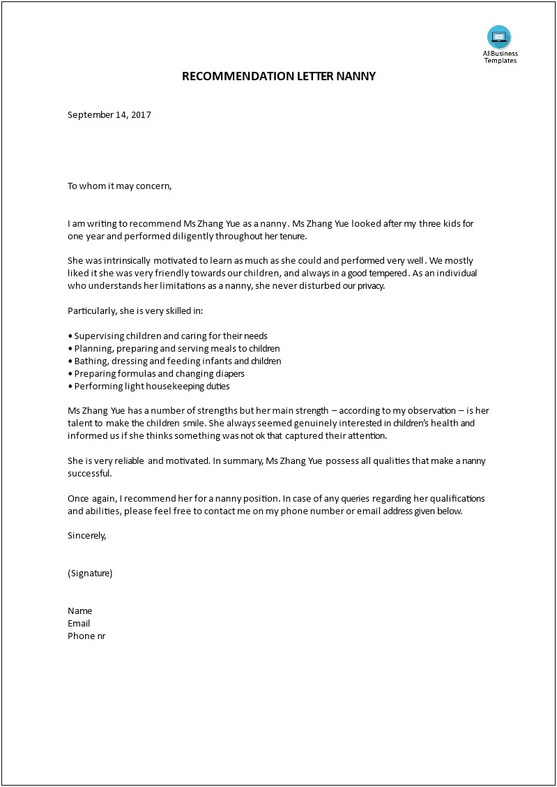 Letter Of Recommendation Template For Caregiver