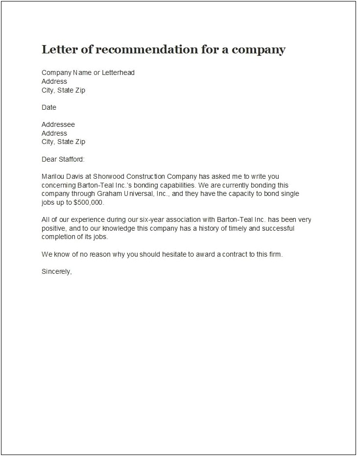 Letter Of Recommendation Template For Construction