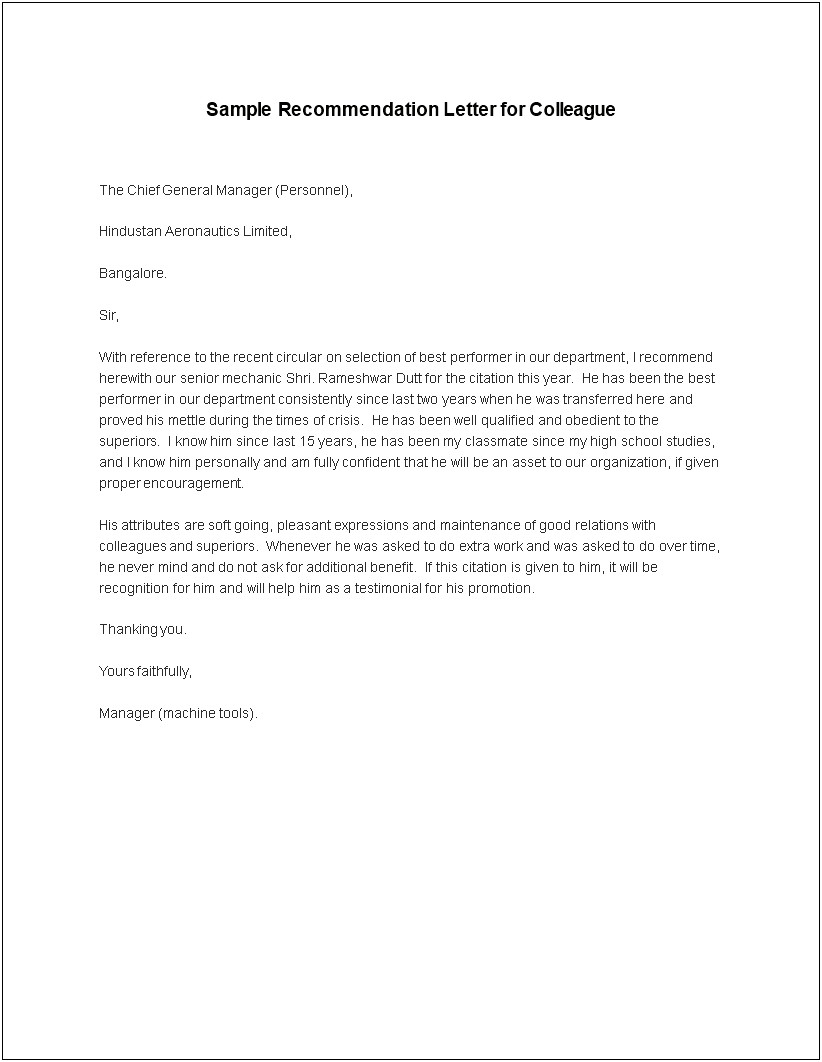 Letter Of Recommendation Template For Coworker