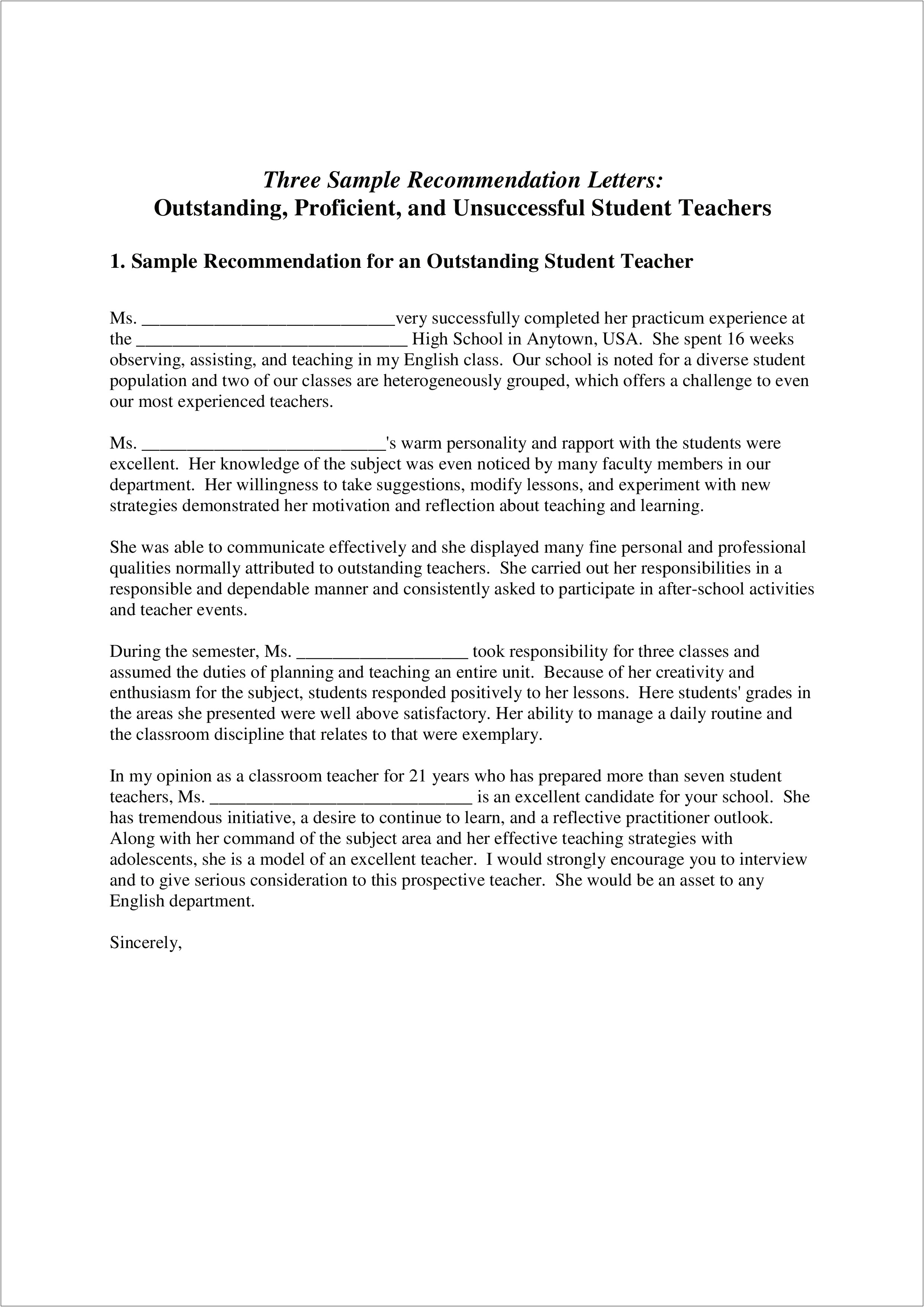 Letter Of Recommendation Template For Elementary Student