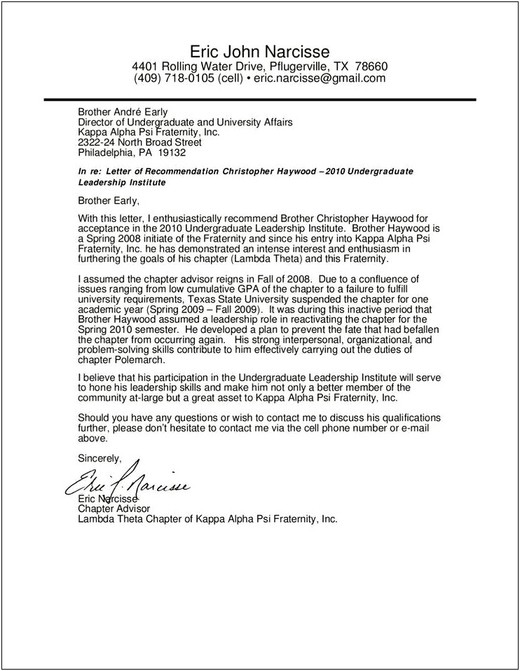 Letter Of Recommendation Template For Fraternity