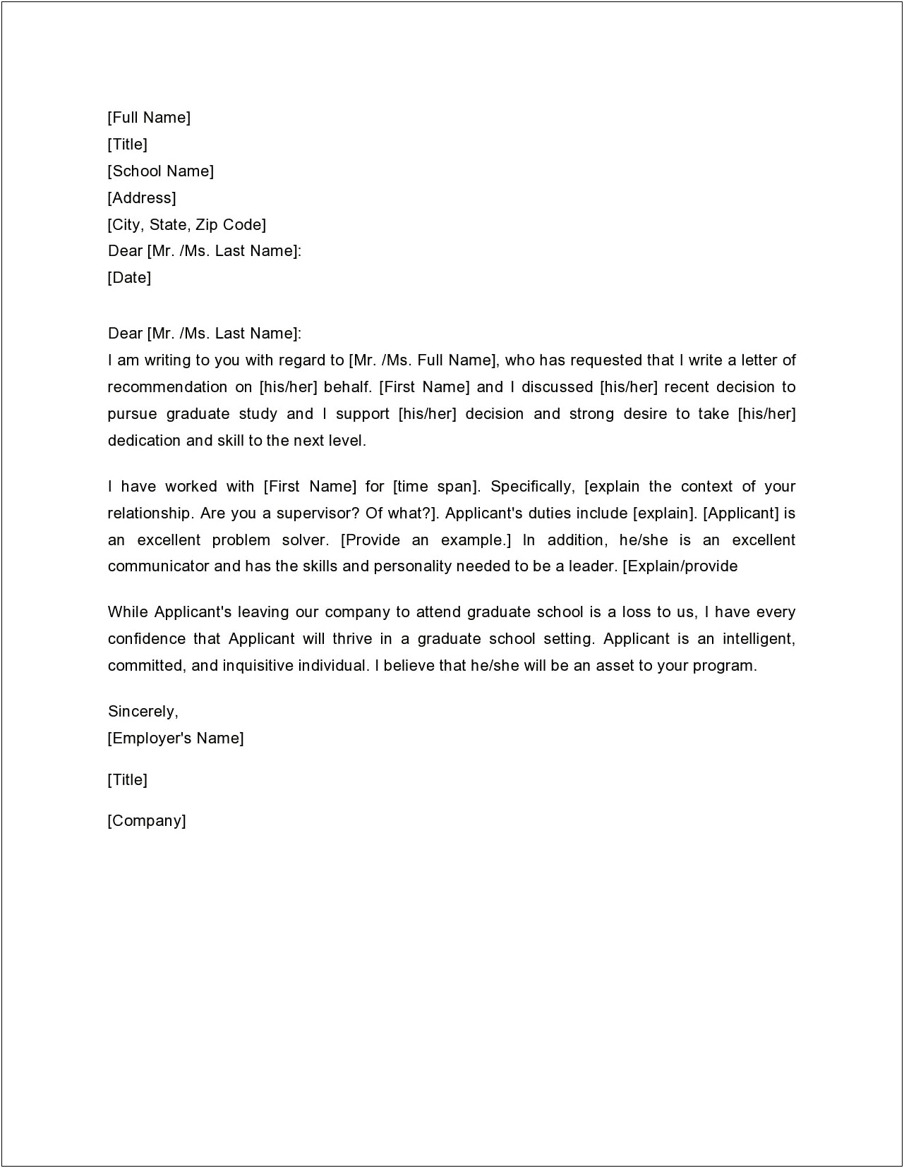 Letter Of Recommendation Template For Graduate Student