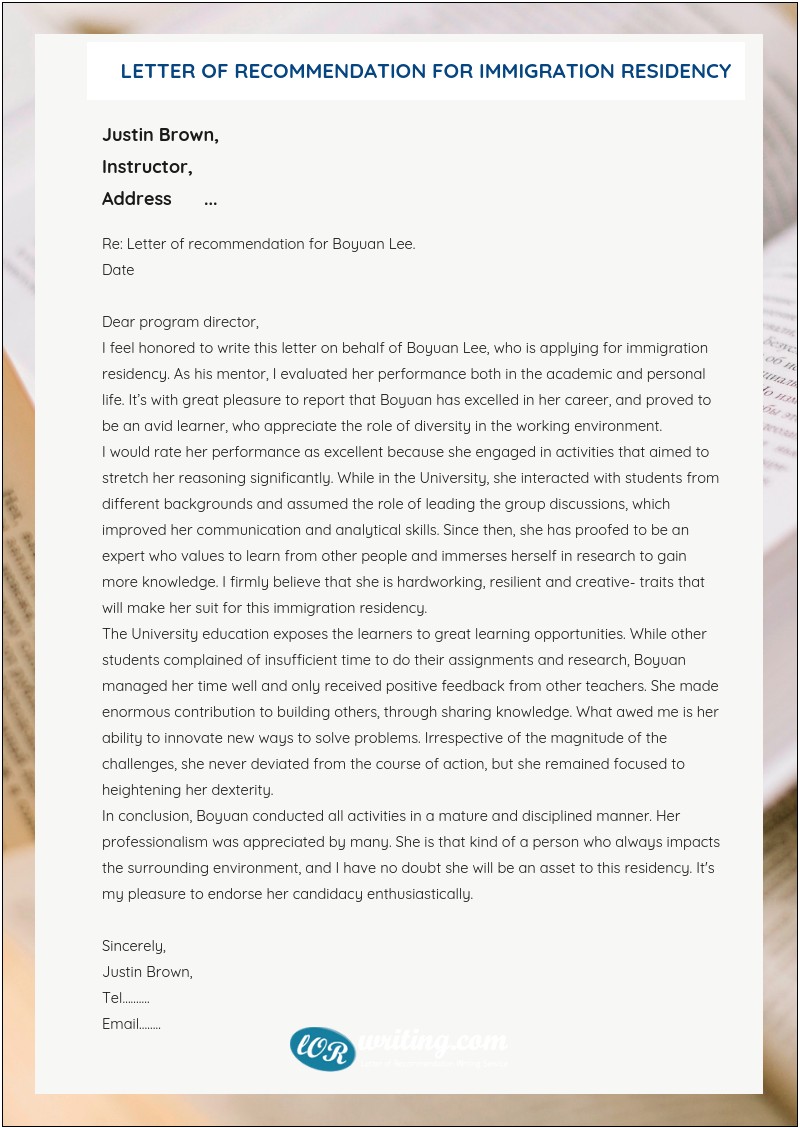 Letter Of Recommendation Template For Immigration Purposes Examples