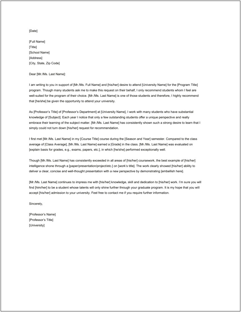 Letter Of Recommendation Template For Masters Program