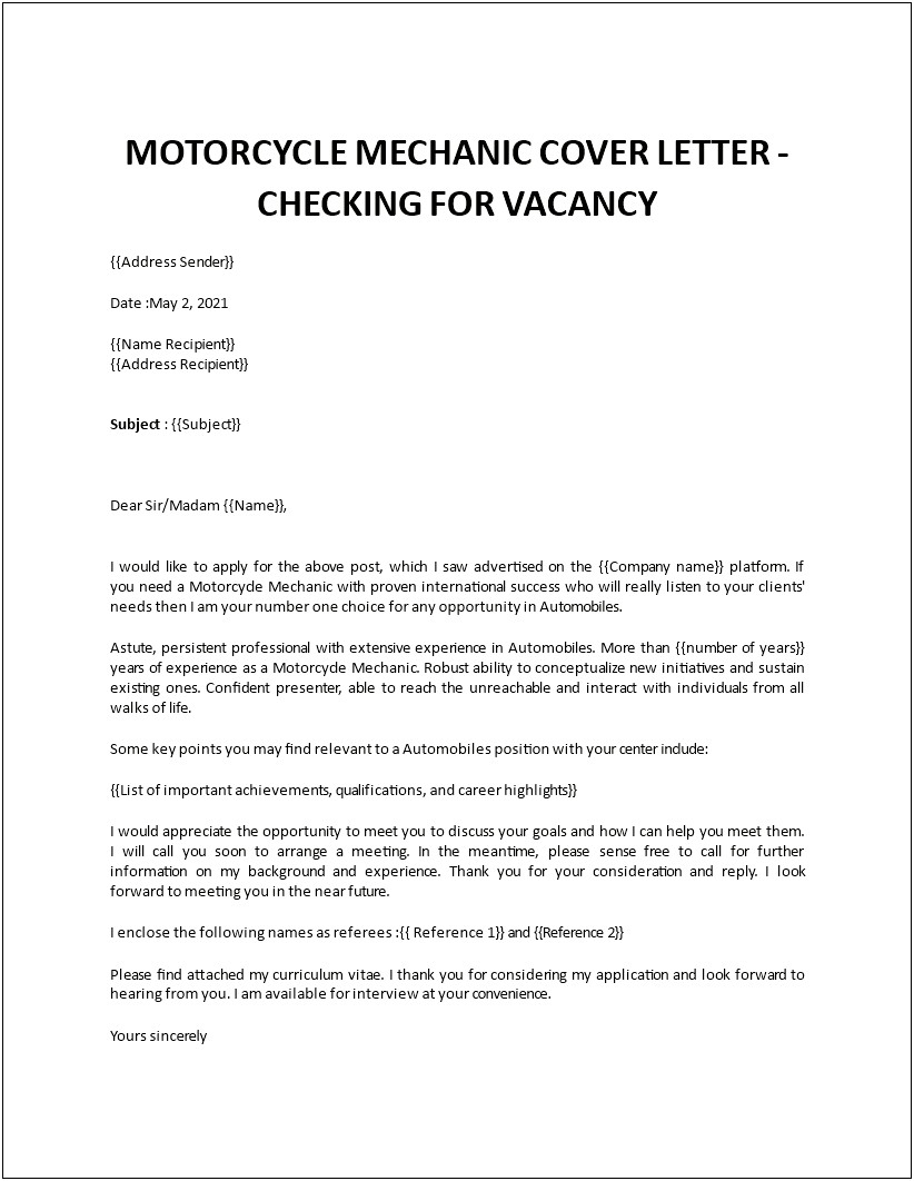 Letter Of Recommendation Template For Mechanic