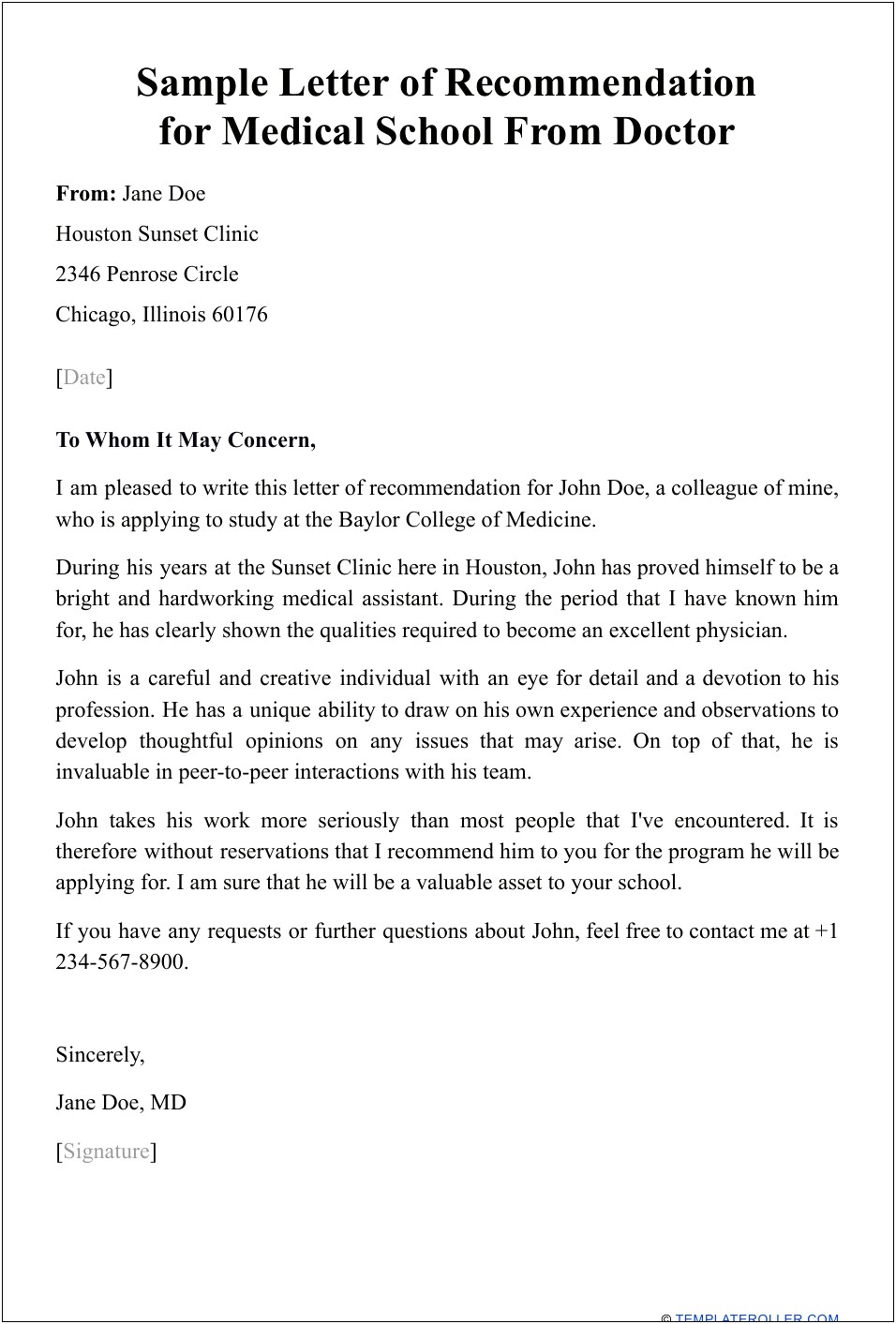 Letter Of Recommendation Template For Medical School Sdn