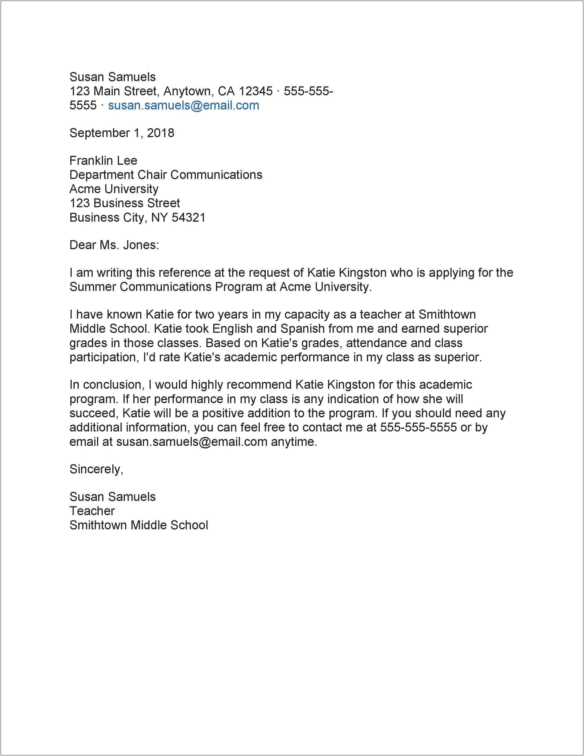 Letter Of Recommendation Template For Middle School Student