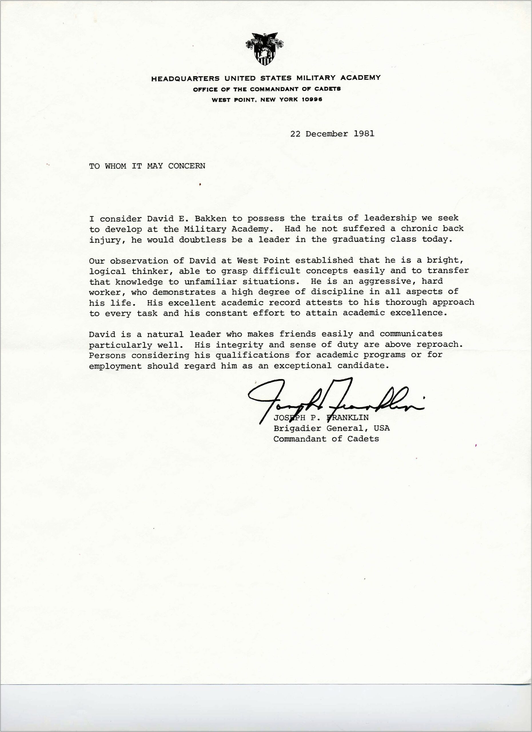 Letter Of Recommendation Template For Military