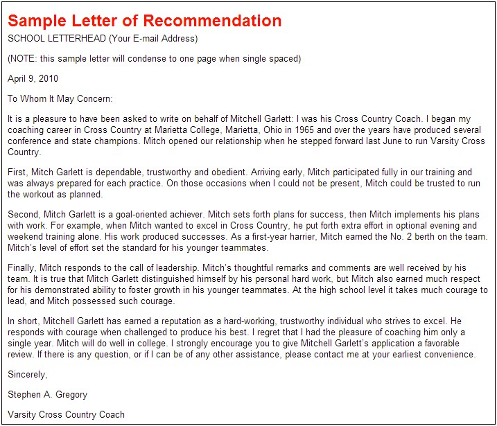 Letter Of Recommendation Template For National Honor Society