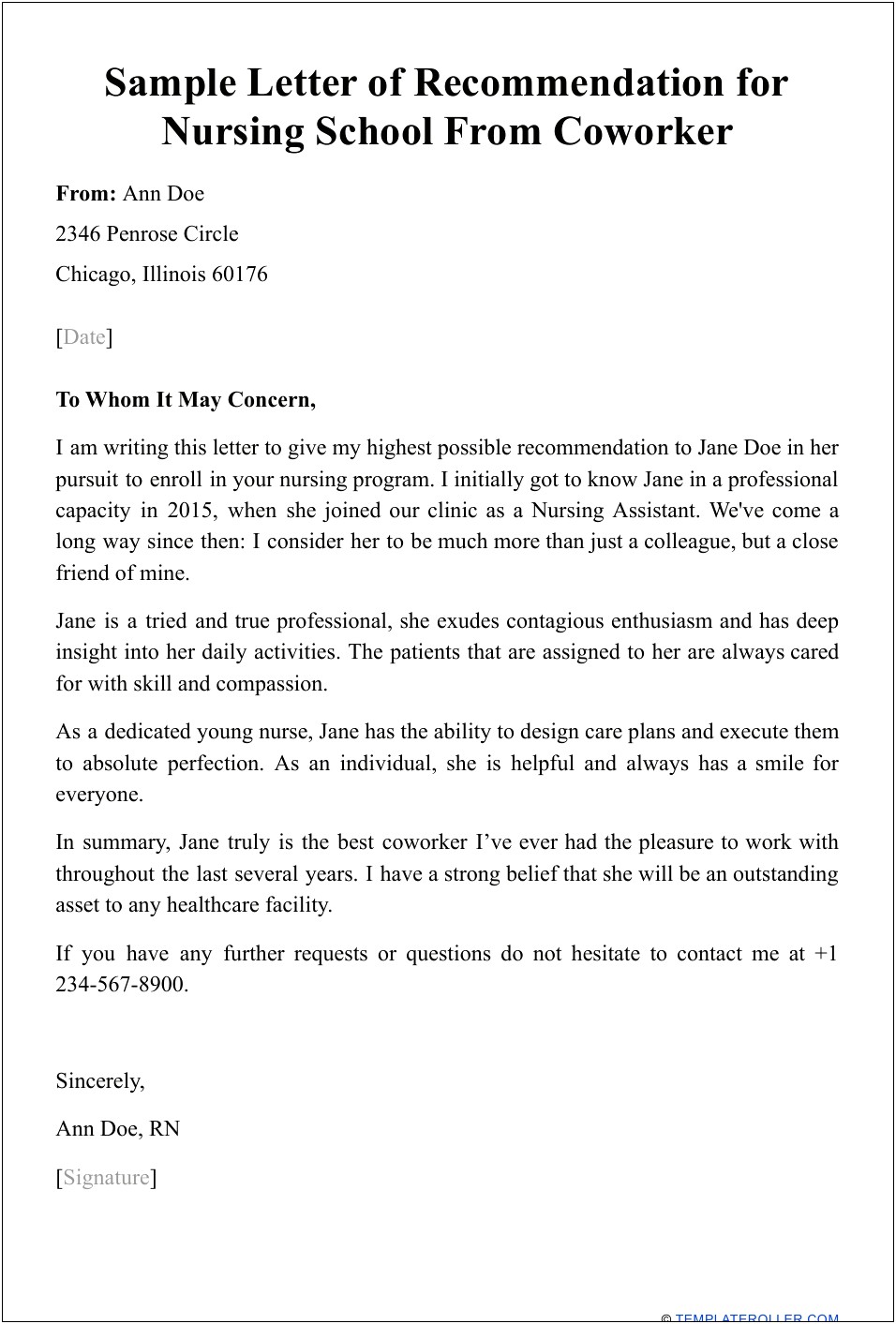 Letter Of Recommendation Template For Nursing School