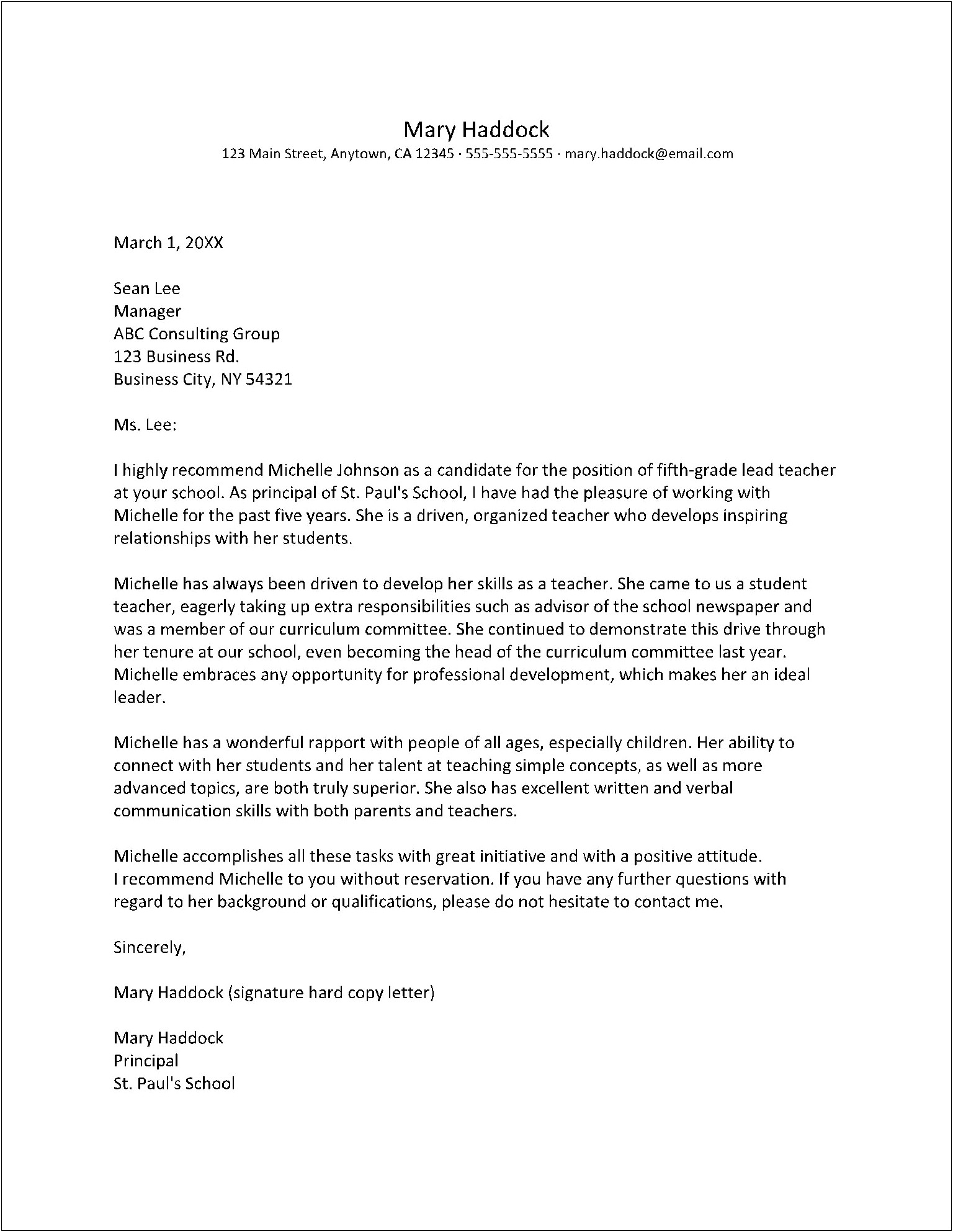 Letter Of Recommendation Template For Principal