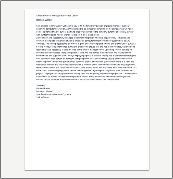 Letter Of Recommendation Template For Project Manage