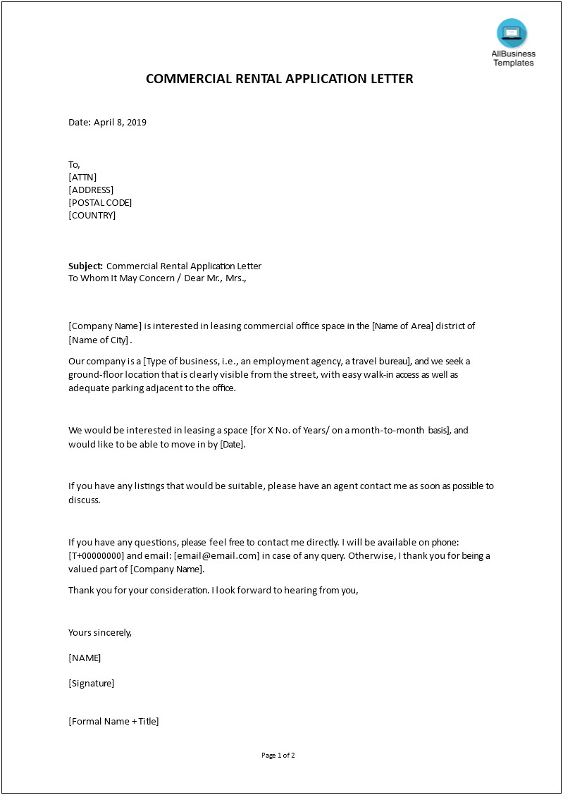 Letter Of Recommendation Template For Rent