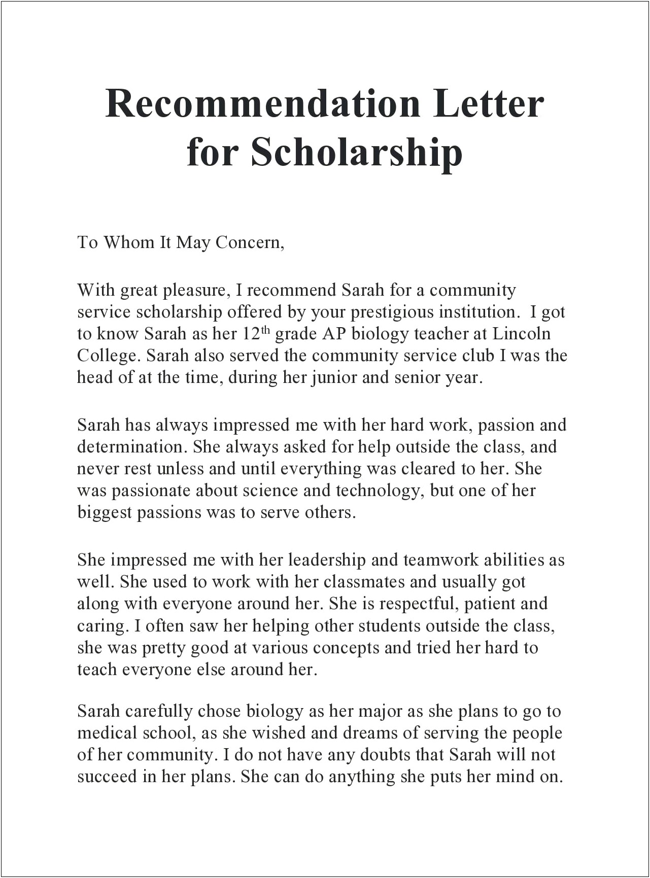 Letter Of Recommendation Template For Scholarship Application