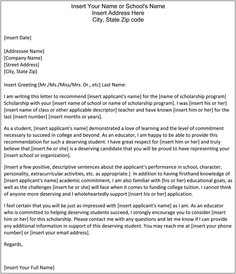 Letter Of Recommendation Template For Scholarship From Teacher