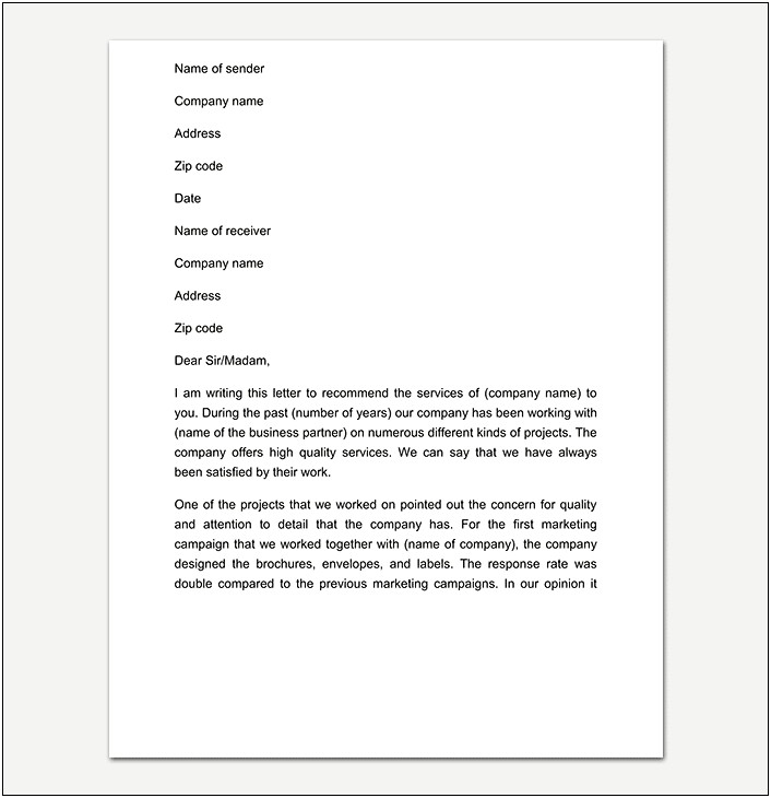 Letter Of Recommendation Template For Service Provider