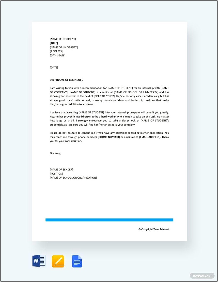 Letter Of Recommendation Template For Student Internship