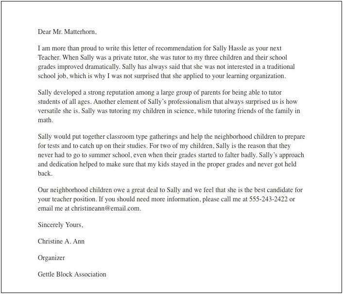 Letter Of Recommendation Template For Teacher From Parent