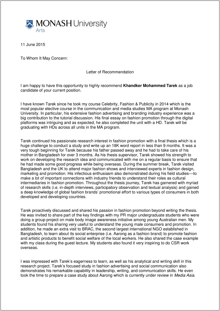 Letter Of Recommendation Template For University Director Position