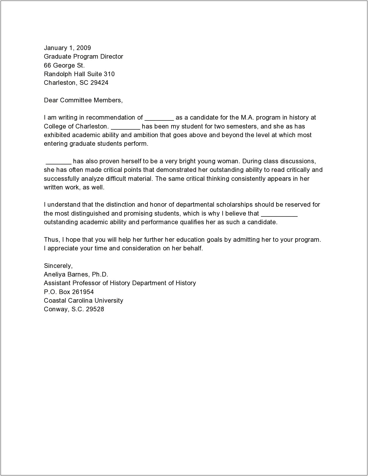 Letter Of Recommendation Template From Academic Advisor