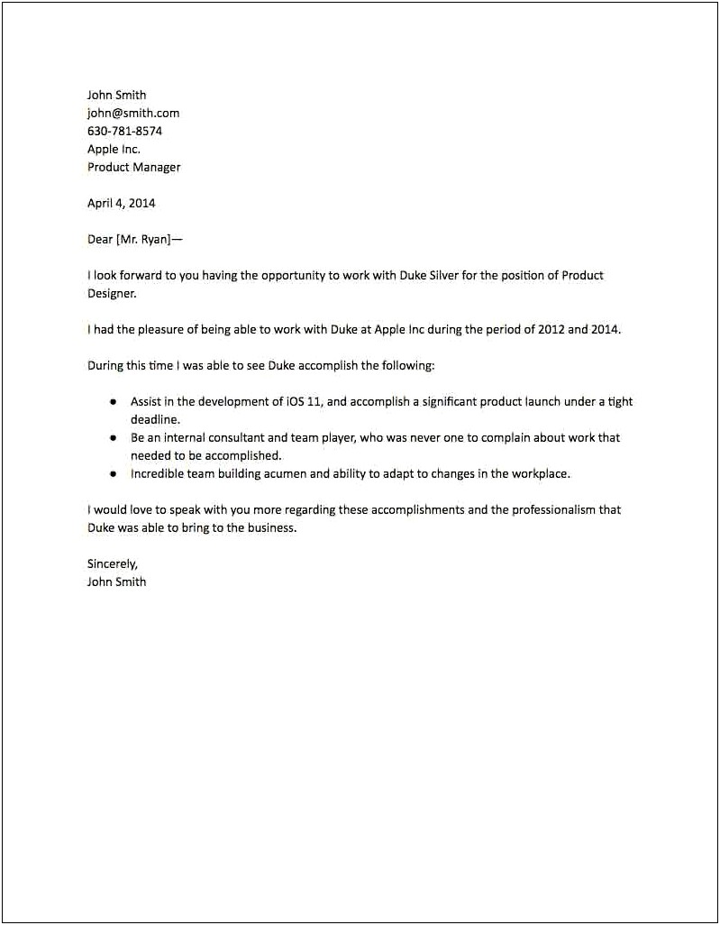 Letter Of Recommendation Template From Manager