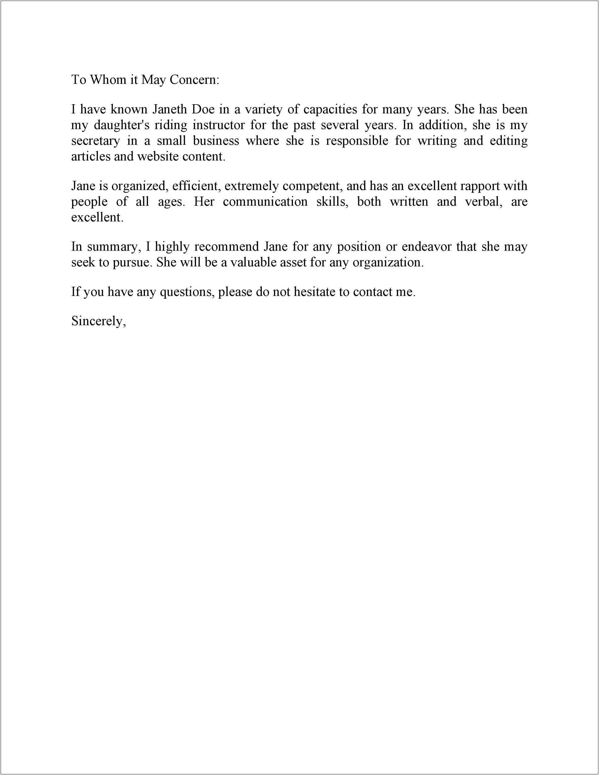 Letter Of Recommendation Template From Previous Employer