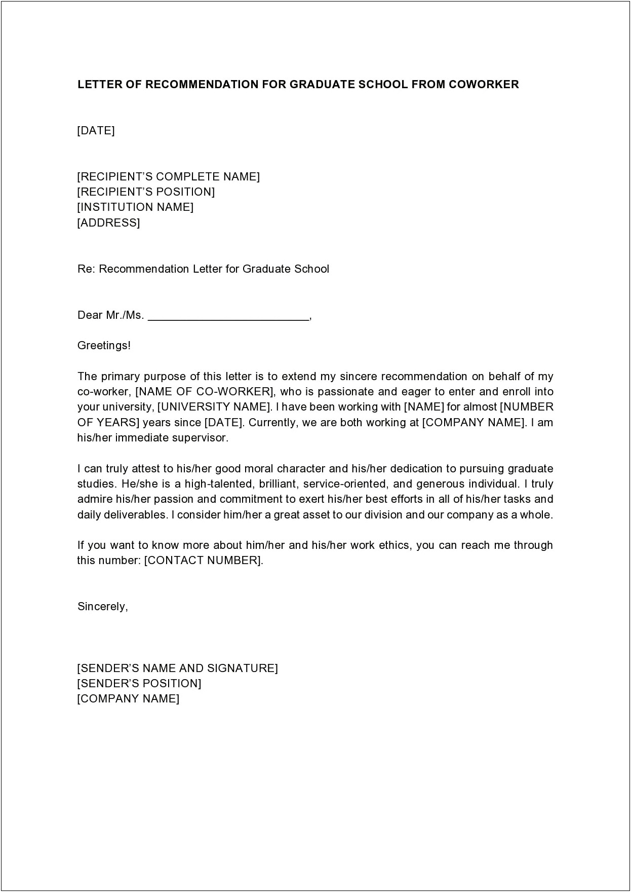 Letter Of Recommendation Template Graduate School Sample