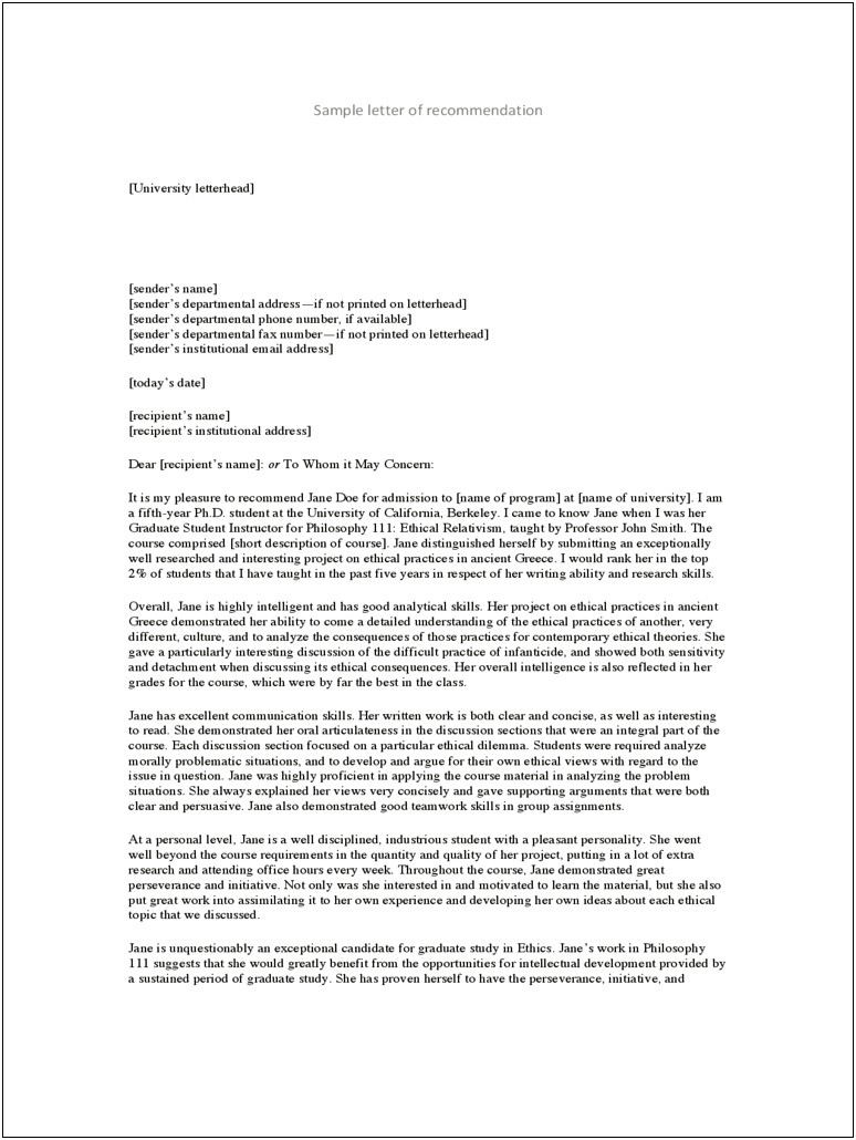 Letter Of Recommendation Template Higher Education