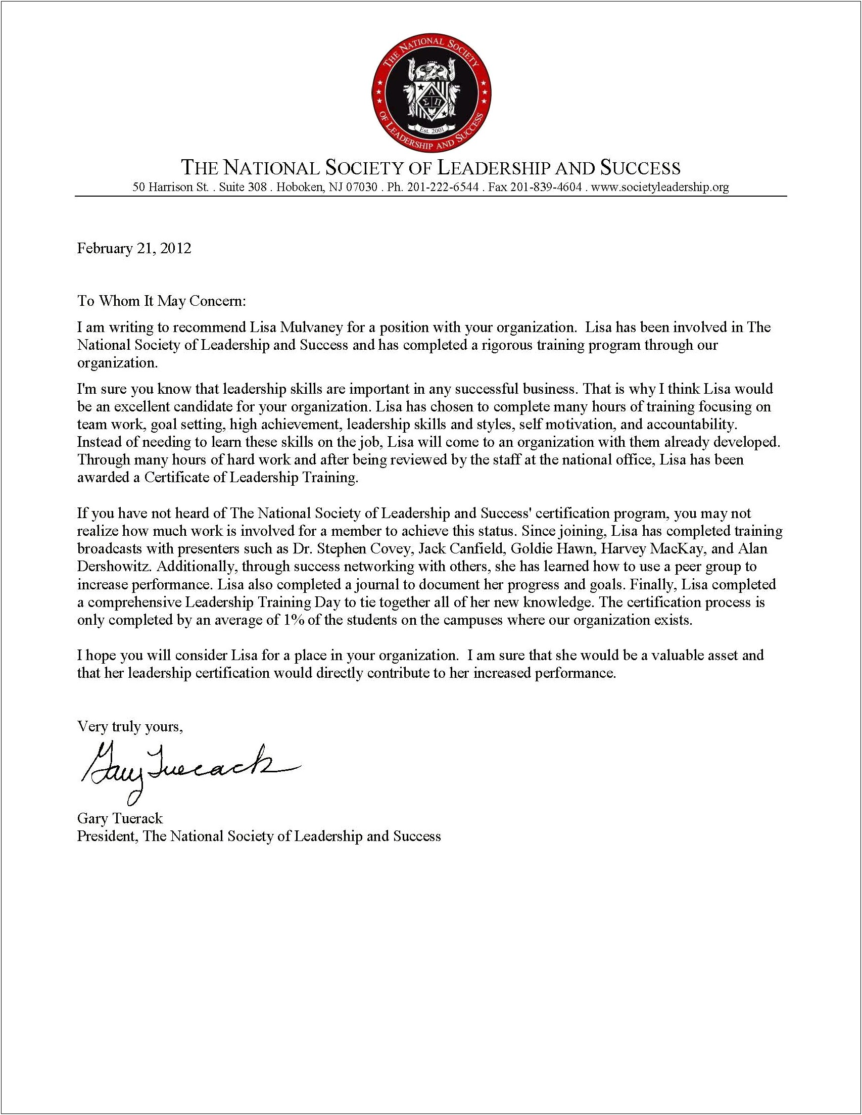 Letter Of Recommendation Template Leadership Program