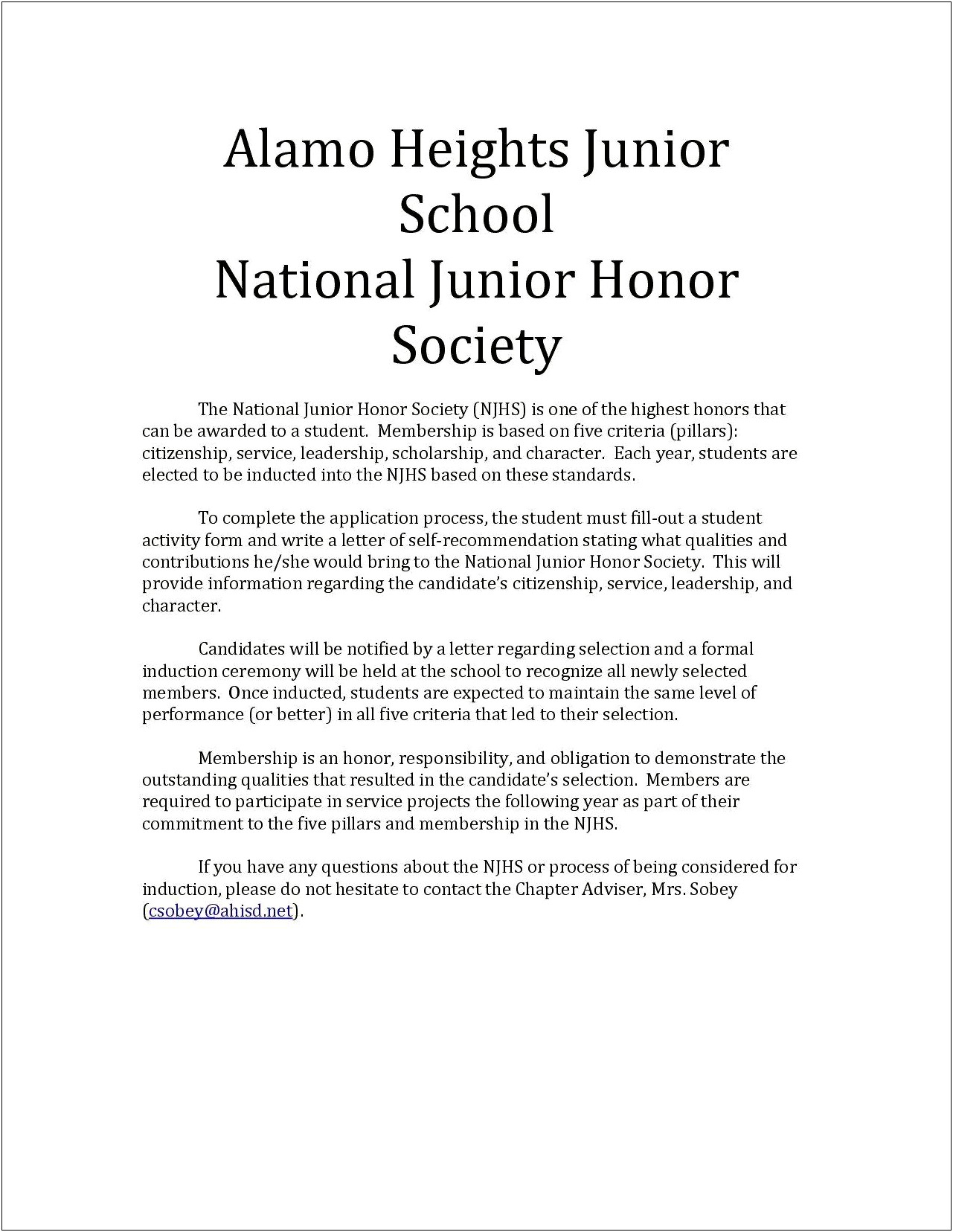 Letter Of Recommendation Template National Honor Society