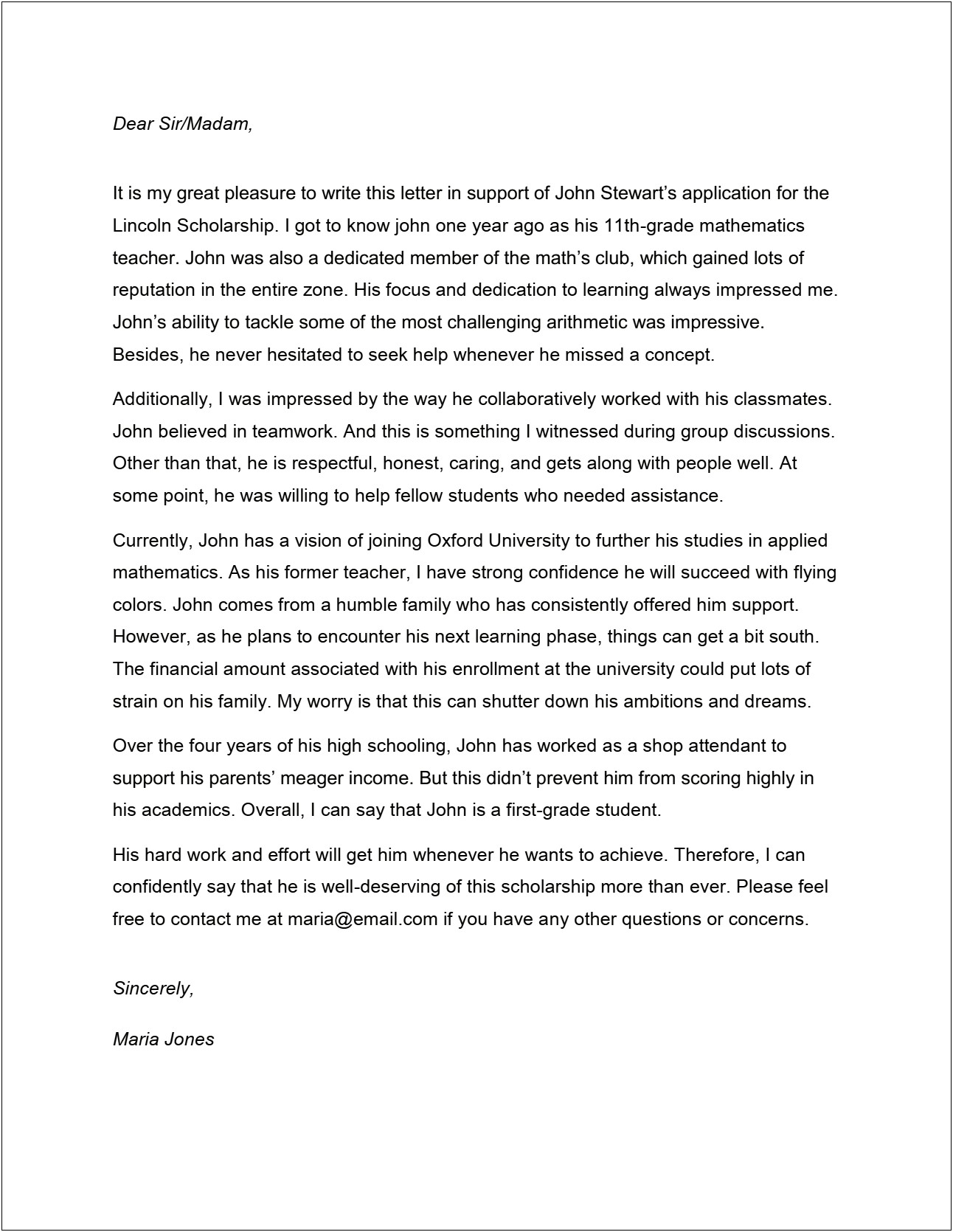 Letter Of Recommendation Template Scholarship For Teacher