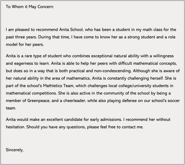 Letter Of Recommendation Template School Counselor